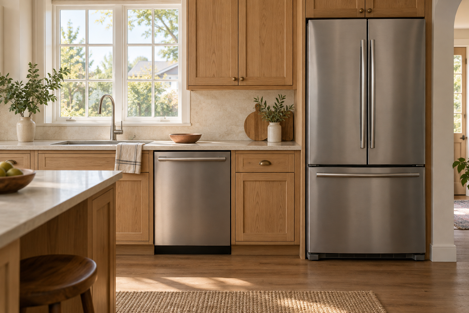 Illustrative kitchen with a stainless refrigerator and built-in dishwasher